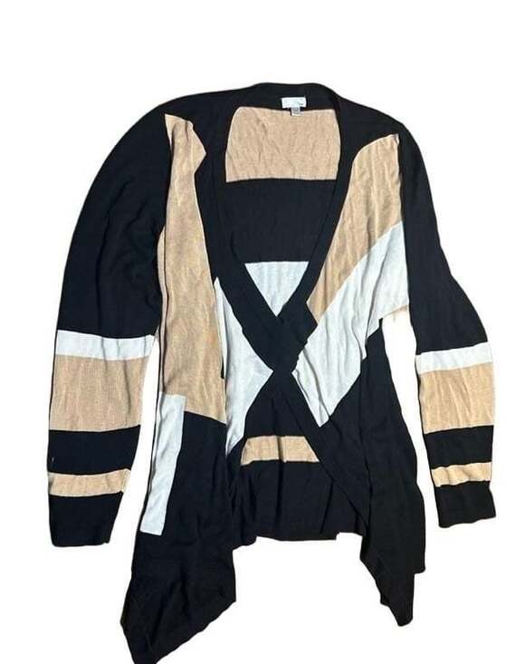 VIP knit by Avenue Sweaters - VIP knit by Avenue Colorblock Open Front Cardigan Sweater Black Tan White